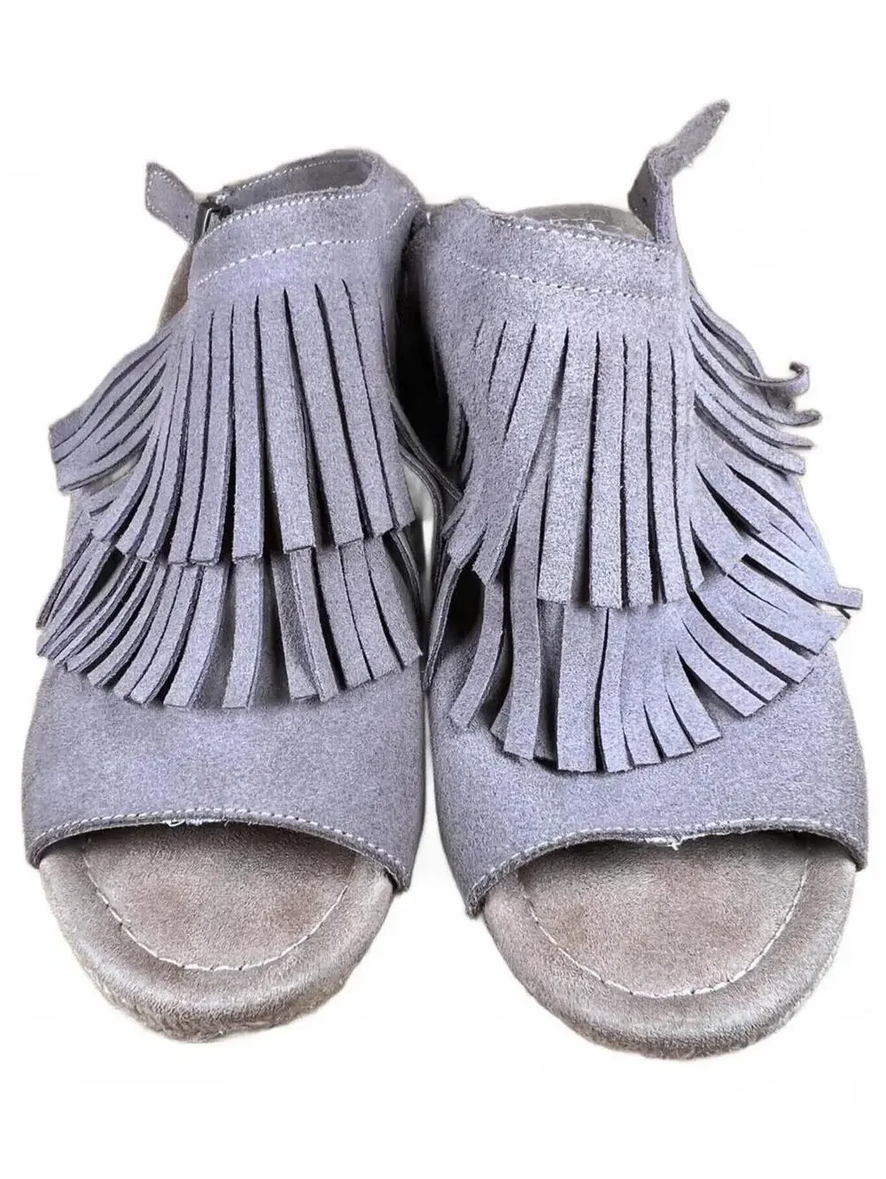 Women's Minnetonka Grey Suede Fringe Wedge Sandals Size 8